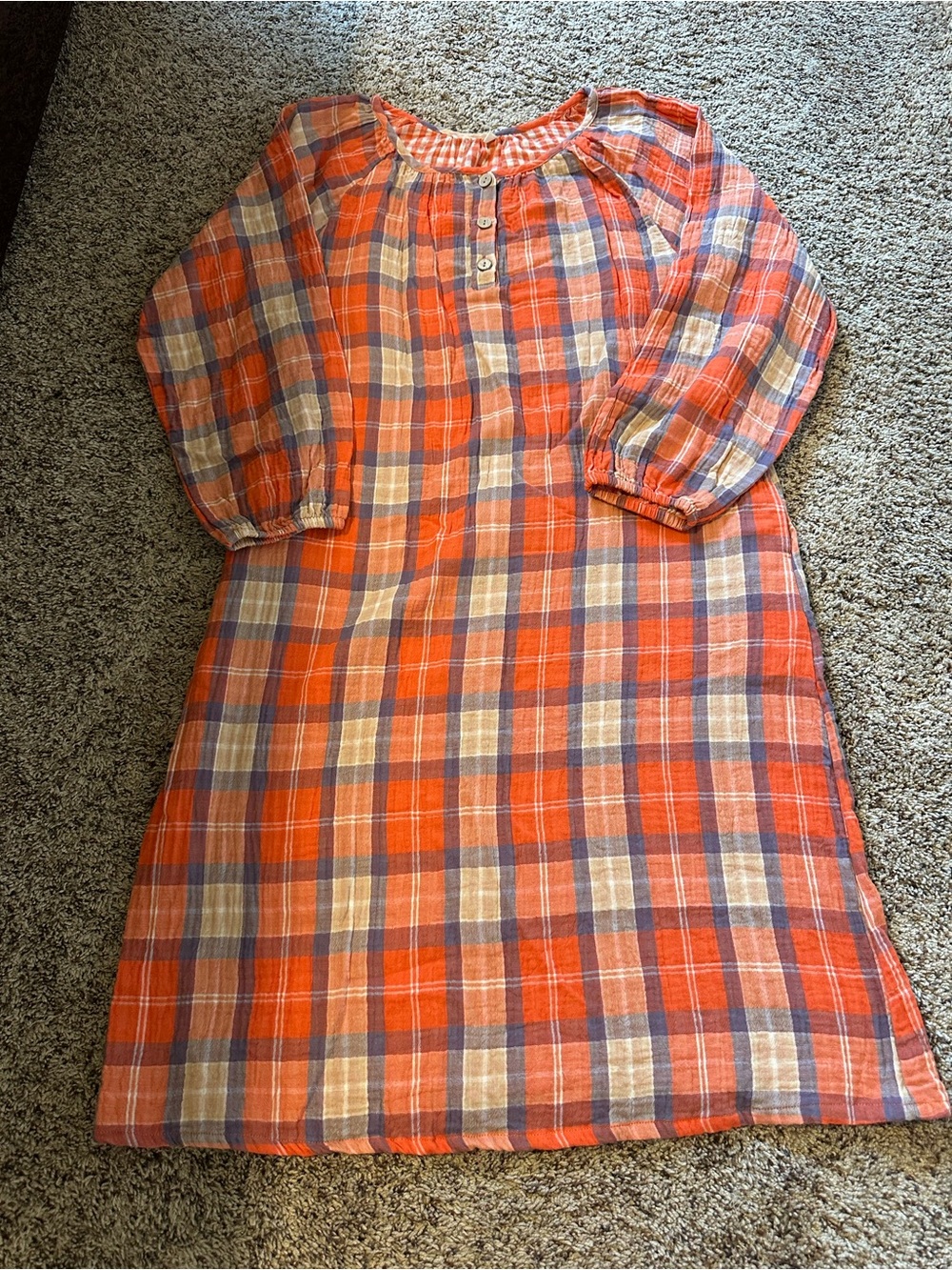 new women 100% bubble cotton gauze Orange Plaid Nightgown  Soft Lounge pajamas S